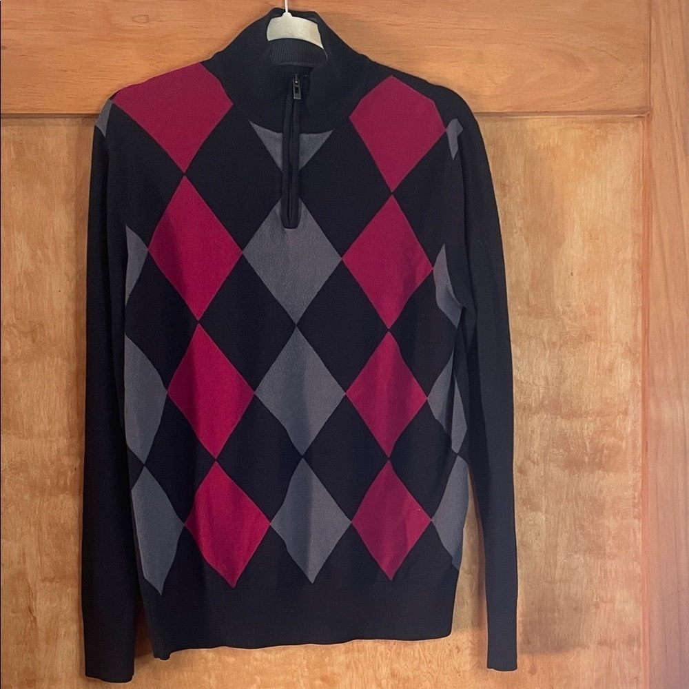 DKNY Men's Zip-Up Argyle Sweater - Black, Red, Gray